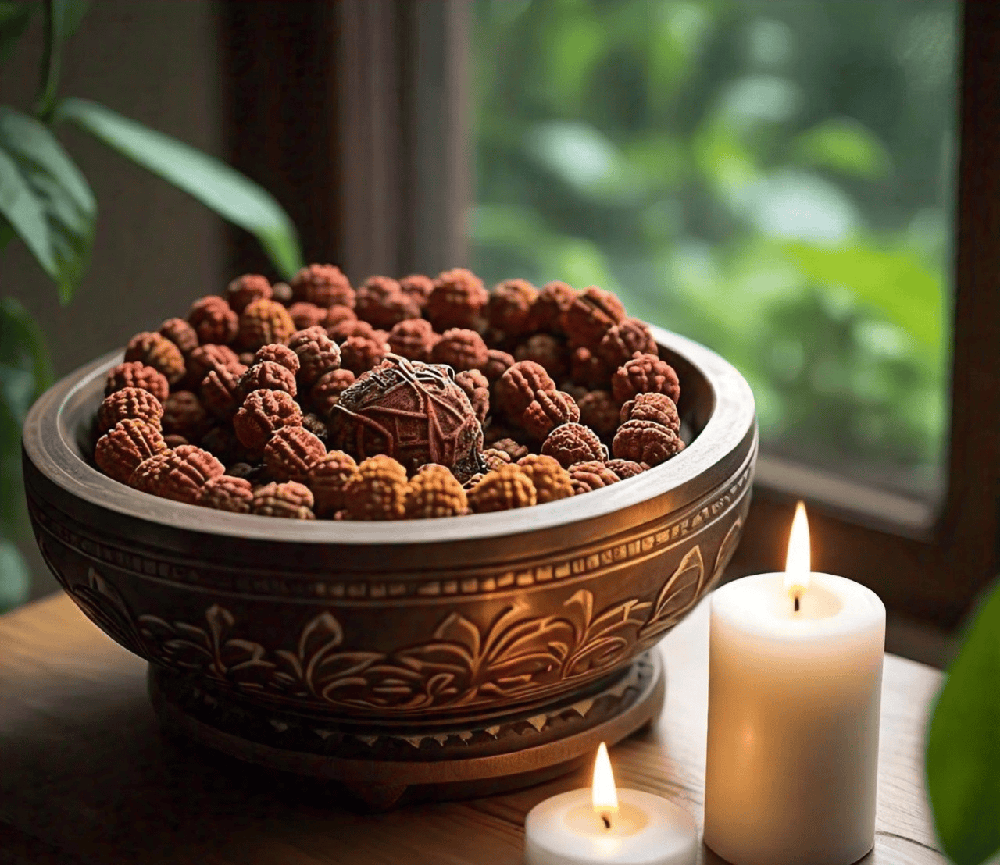 A vibrant display of various Rudraksha beads, showcasing their unique shapes and mukhis